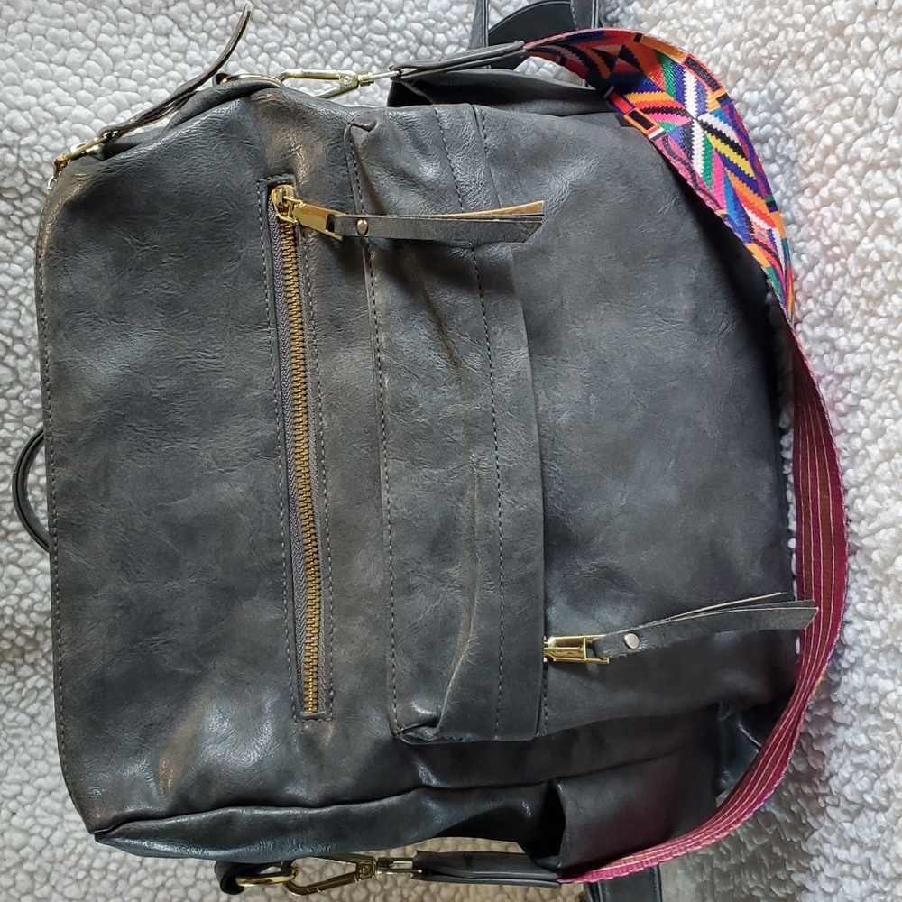 Gray Leather Like Backpack Purse